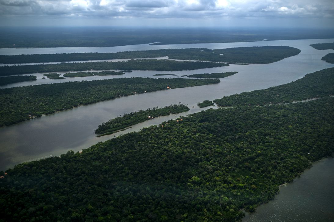 Aerial view of the Amazon rainforest along the Tocantins River in Cameta, Brazil, near the mouth of the Amazon River.