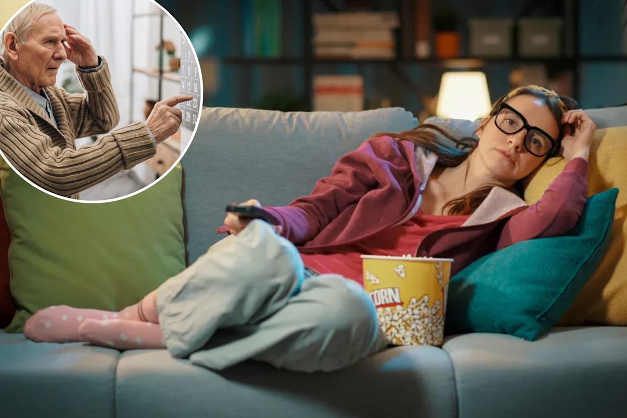 Image collage with two images, image 1 shows a woman wearing glasses lying on a couch with popcorn and a remote control, looking bored while watching TV, image 2 shows an elderly man touching his head in frustration while pointing at a calendar on the wall, possibly indicating memory loss or cognitive impairment