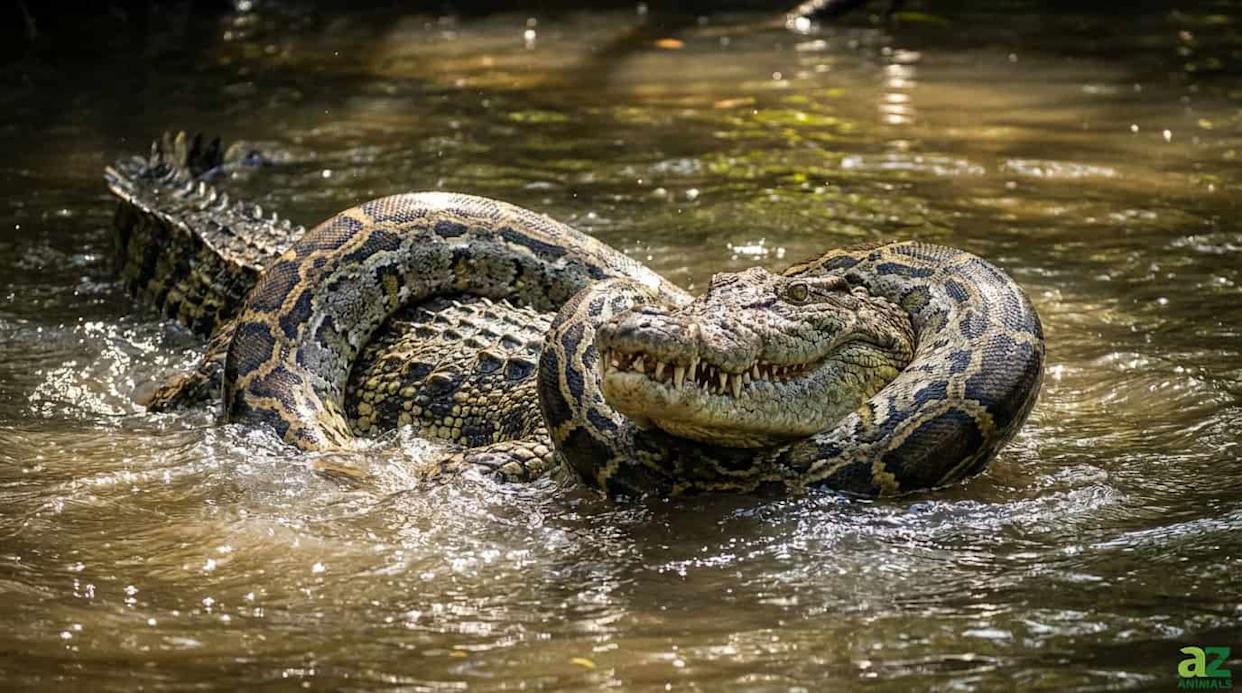 A giant Burmese python wraps itself tightly around the body of a large armored crocodile during a fierce struggle in a muddy river.